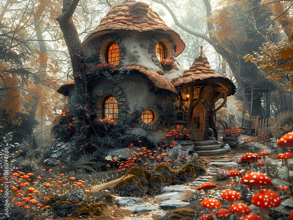 Fototapeta premium Enchanted Stone Cottage in a Misty Forest - Fantasy Home