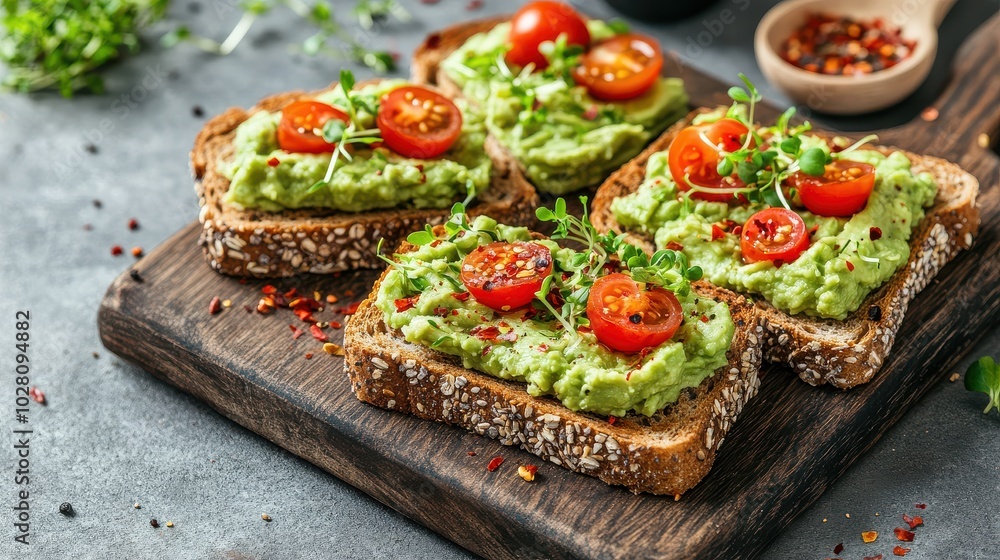 Avocado toast with cherry tomatoes on whole grain bread – fresh, healthy vegetarian snack Avocado toast with cherry tomatoes on whole grain bread – fresh, healthy vegetarian snack
