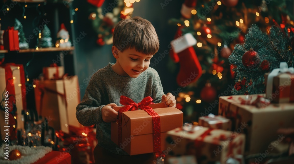 Happy child with gift box in holiday season. Happy child with gift box in holiday season.