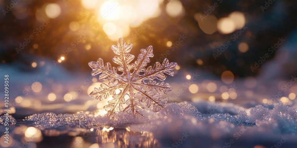 Delicate transparent snowflake shimmering in morning light, captured in macro detail, perfect for winter-themed designs Delicate transparent snowflake shimmering in morning light, captured in macro detail, perfect for winter-themed designs