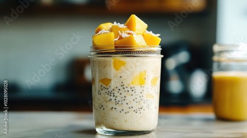 Delicious mango chia overnight oats in a jar