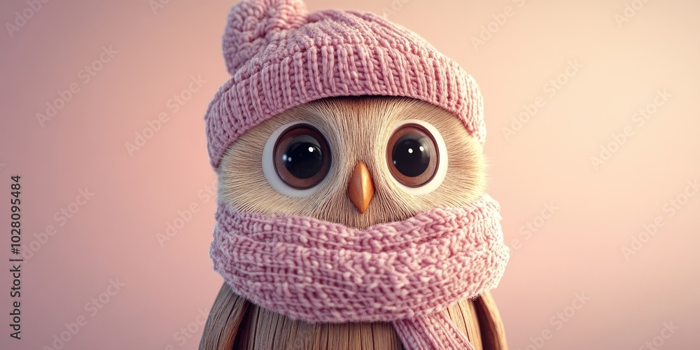 Fototapeta premium Adorable wooden owl statuette dressed in a pink hat and scarf, perfect festive decoration for Christmas and New Year