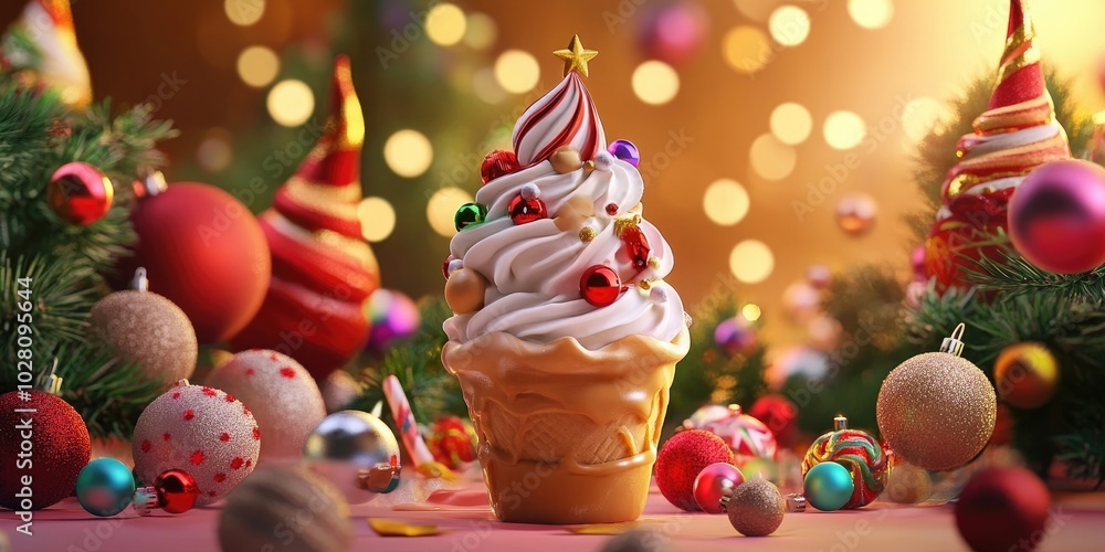 Indulgent scoop of caramel ice cream adorned with festive Christmas decorations, perfect for celebrating New Year's 2025. Indulgent scoop of caramel ice cream adorned with festive Christmas decorations, perfect for celebrating New Year's 2025.