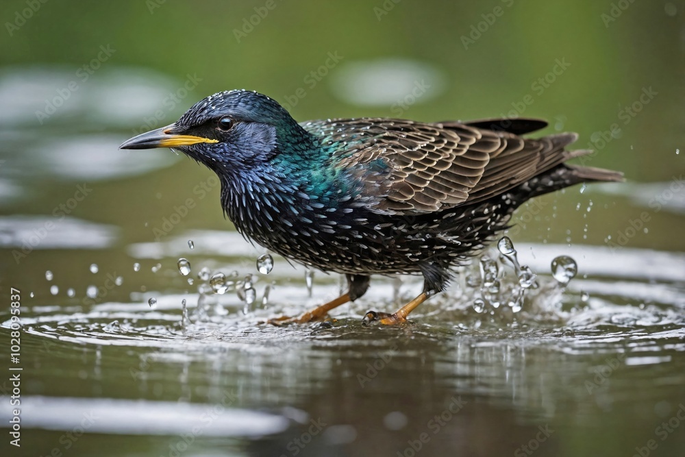 Fototapeta premium Starling Bathing in a Shallow Pool