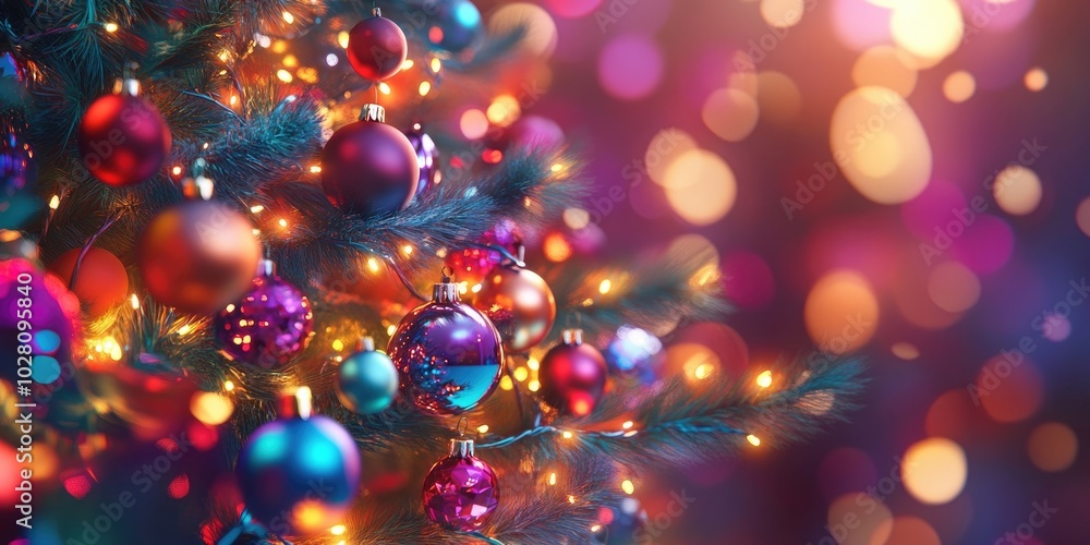 Close-up of a beautifully decorated Christmas tree adorned with shimmering ornaments and twinkling lights, perfect for capturing the festive New Year spirit Close-up of a beautifully decorated Christmas tree adorned with shimmering ornaments and twinkling lights, perfect for capturing the festive New Year spirit