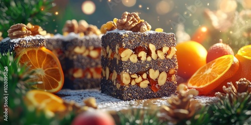 Close-up of sliced Christmas poppy seed cake adorned with walnuts and candied orange peel, a traditional festive delight from Poland
