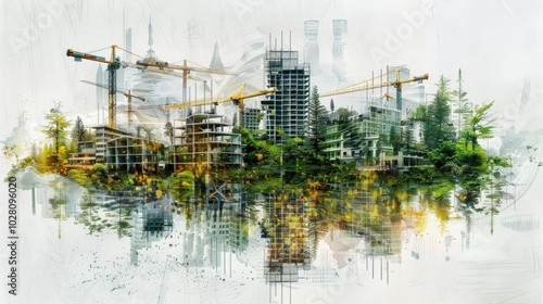 Wallpaper Mural Urban Development with Cranes and Nature Harmony Torontodigital.ca