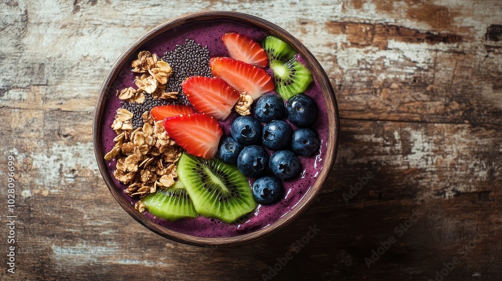 Vibrant acai bowl with fresh fruits and granola on rustic wooden table Vibrant acai bowl with fresh fruits and granola on rustic wooden table