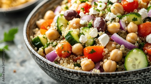 Colorful mediterranean quinoa salad with chickpeas, feta, and fresh vegetables