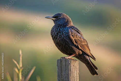 Starling Roosting on a Rustic Fence Post photo