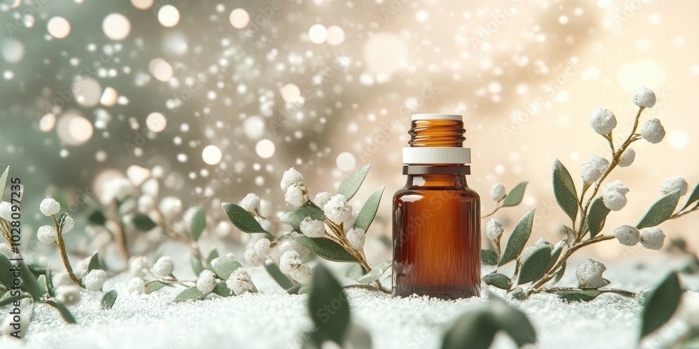 Essential oil bottle surrounded by fresh mistletoe, perfect for holiday aromatherapy and seasonal decoration Essential oil bottle surrounded by fresh mistletoe, perfect for holiday aromatherapy and seasonal decoration