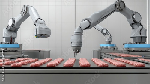 Industrial robot arms for the food and beverage industry, showcasing robotic arms handling packaging, sorting, and processing tasks in hygienic conditions,  photo