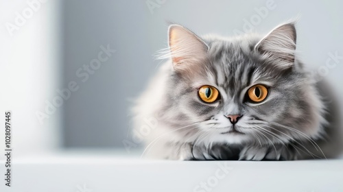 Wallpaper Mural Fluffy gray cat with striking orange eyes, lying on a white surface, calm expression. Torontodigital.ca