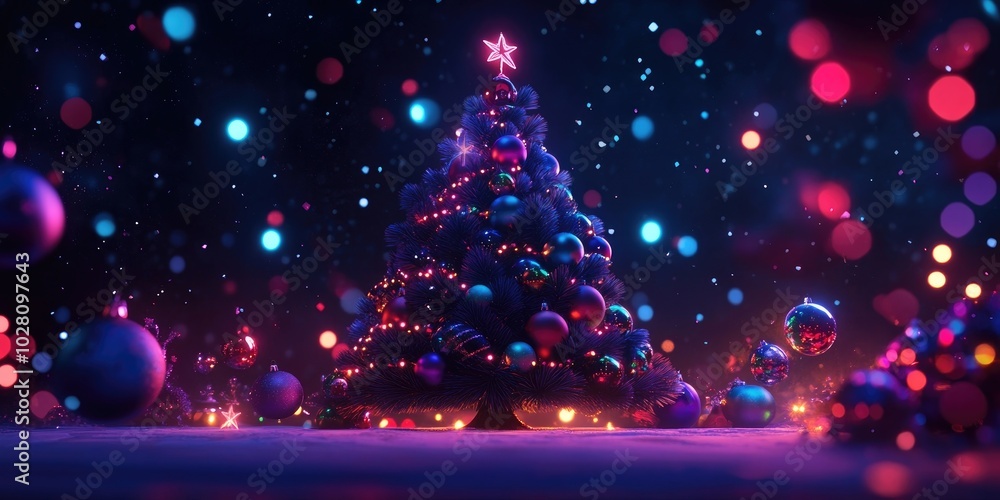 Festively decorated Christmas and New Year tree with colorful ornaments and twinkling lights, perfect for holiday celebrations Festively decorated Christmas and New Year tree with colorful ornaments and twinkling lights, perfect for holiday celebrations
