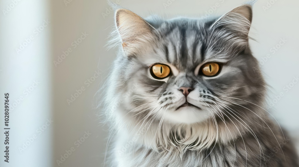 Fluffy silver cat with striking golden eyes, sitting elegantly. Fluffy silver cat with striking golden eyes, sitting elegantly.