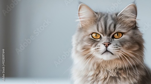 Close-up of a majestic cat with striking yellow eyes on a soft focus background.