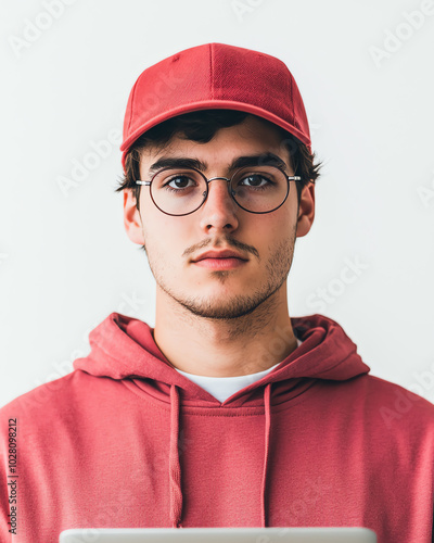 Young man in red hoodie and cap, standing against white background.