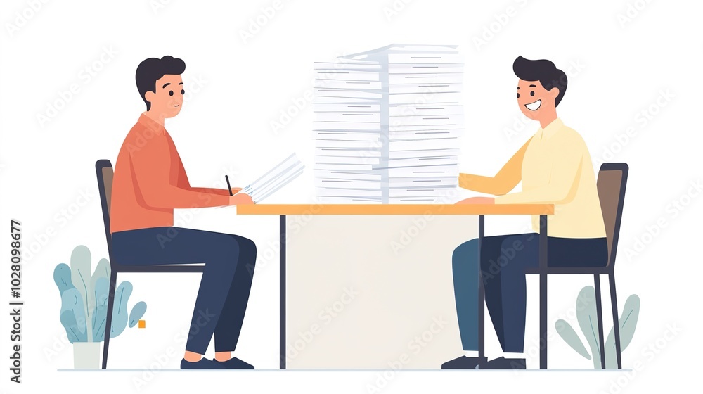 Two individuals of the same age, one sitting at a desk working with a tall stack of papers, while the other places an identical stack of documents beside him with a smile. Two individuals of the same age, one sitting at a desk working with a tall stack of papers, while the other places an identical stack of documents beside him with a smile.