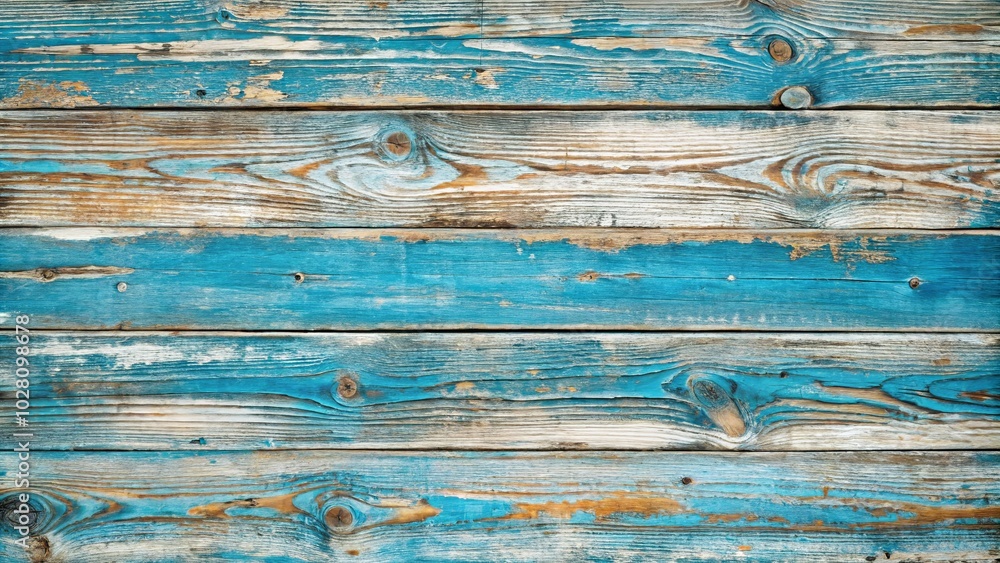 A weathered wood surface with horizontal boards painted in shades of blue, revealing the natural wood grain beneath the chipped paint.