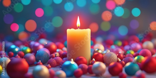 Festive candle surrounded by colorful Christmas ornaments, perfect for holiday celebrations, decoration, seasonal ambiance