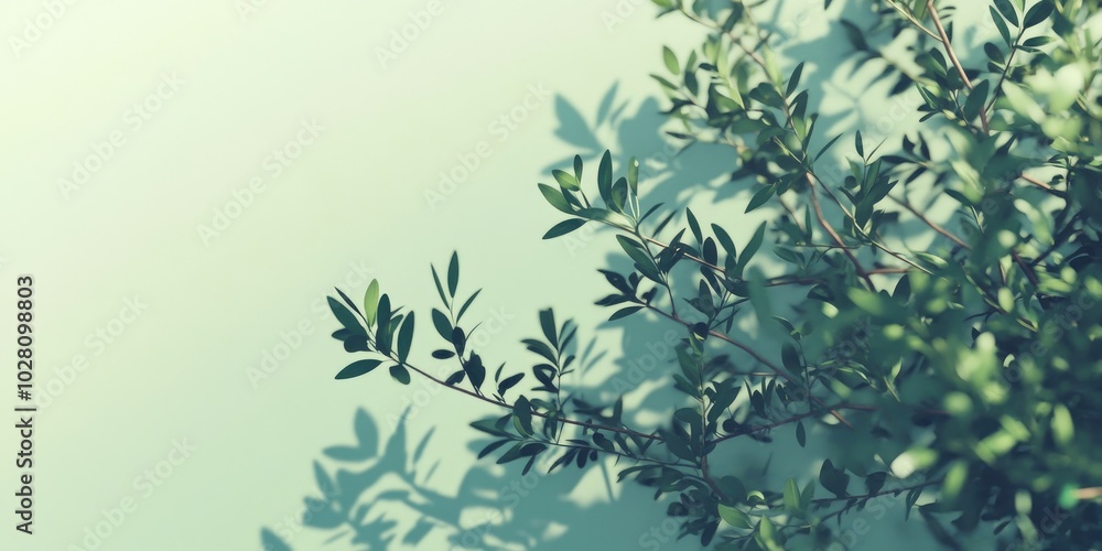 Lush dark green plant branches contrasting against a soft light green background, perfect for botanical themes Lush dark green plant branches contrasting against a soft light green background, perfect for botanical themes