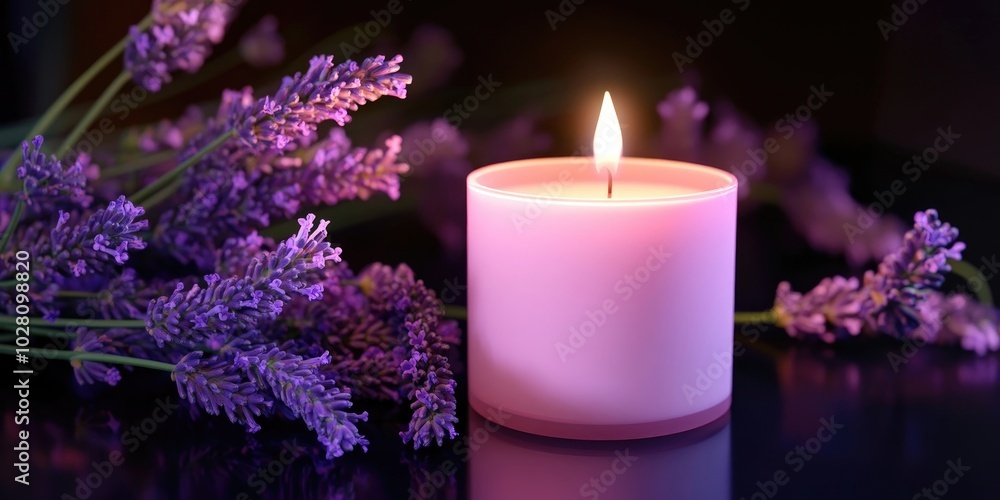 Lavender scented candle nestled on a sleek black backdrop, perfect for relaxation and ambiance Lavender scented candle nestled on a sleek black backdrop, perfect for relaxation and ambiance