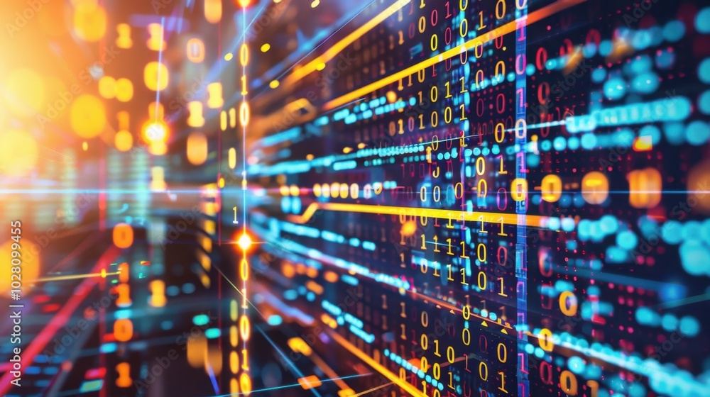 Futuristic Data Flow with Binary Code and Bright Lights Futuristic Data Flow with Binary Code and Bright Lights