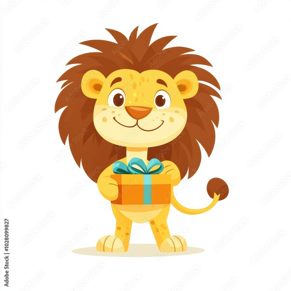 Obraz premium Cute lion holding a gift box isolated over white background.
