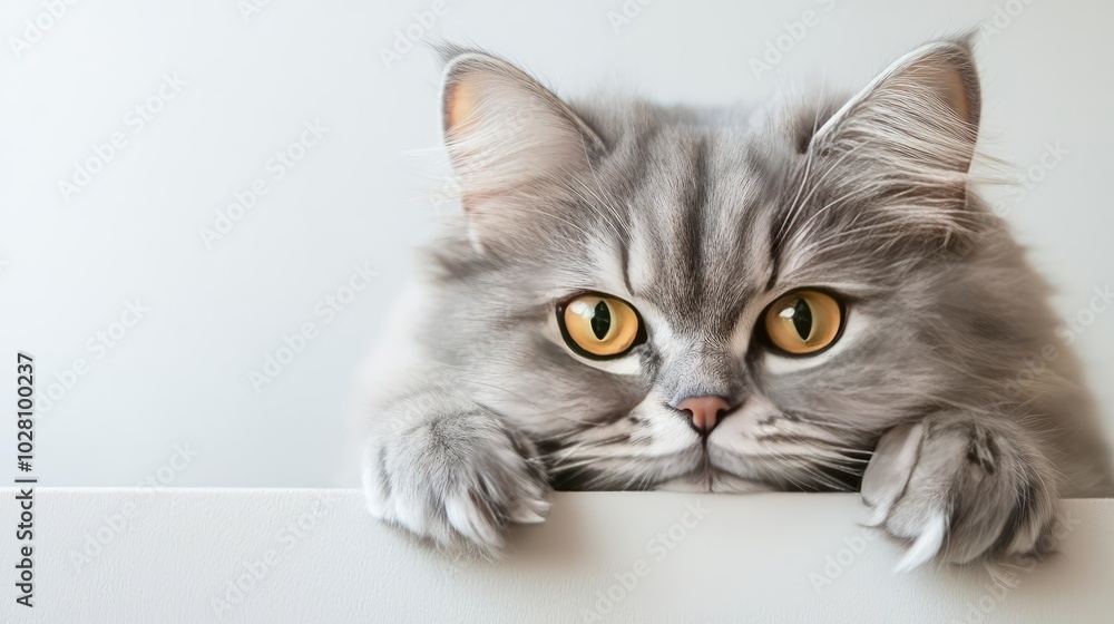 Fluffy gray cat with striking yellow eyes resting its paws on a white surface. Fluffy gray cat with striking yellow eyes resting its paws on a white surface.
