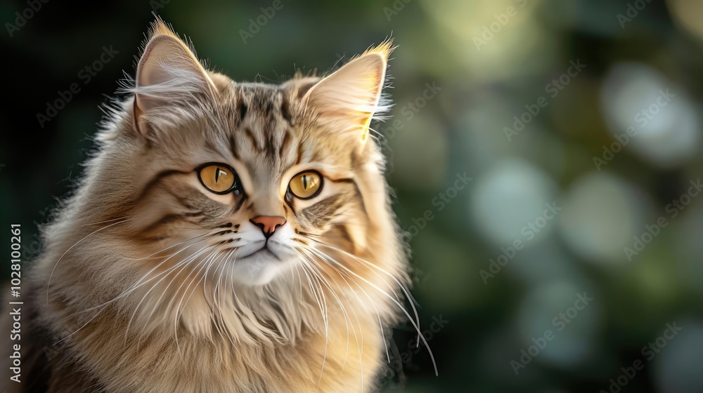 Fluffy cat with striking golden eyes, set against a blurred green background. Fluffy cat with striking golden eyes, set against a blurred green background.