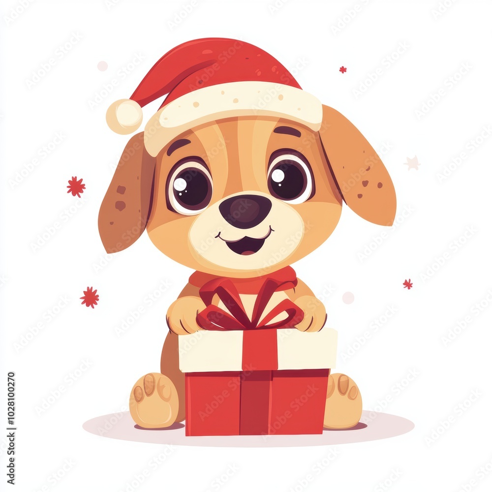 Cute dog wearing Christmas cap holding a gift box isolated over white background. Cute dog wearing Christmas cap holding a gift box isolated over white background.