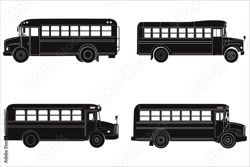 Set of school bus silhouettes design vector.  Stylized vector silhouettes of school bus. Vector silhouettes of school bus. Creative school bus silhouette vectors. Collection of school bus silhouettes