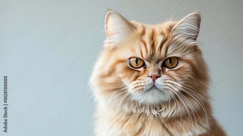 Close-up of a regal golden Persian cat with striking green eyes, elegant fur. Close-up of a regal golden Persian cat with striking green eyes, elegant fur.