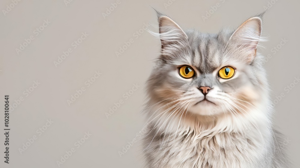 Fluffy cat with striking yellow eyes, posed on a neutral background. Fluffy cat with striking yellow eyes, posed on a neutral background.