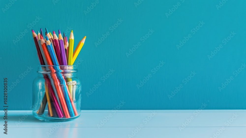 Fototapeta premium Colorful Pencils in a Glass Jar Against a Blue Wall