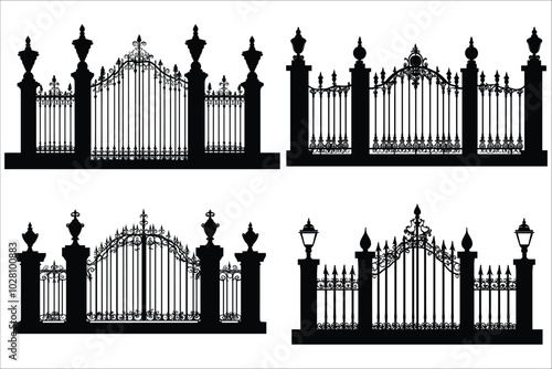 Black silhouettes of fence gate vector illustration. Collection of fence gate silhouettes. Stylized fence gate silhouette vector. Decorative iron gate vector silhouette. Elegant iron gate silhouettes 