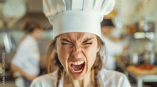 With a scowl, an angry female chef critiques her team's performance, demanding immediate improvements in the kitchen.