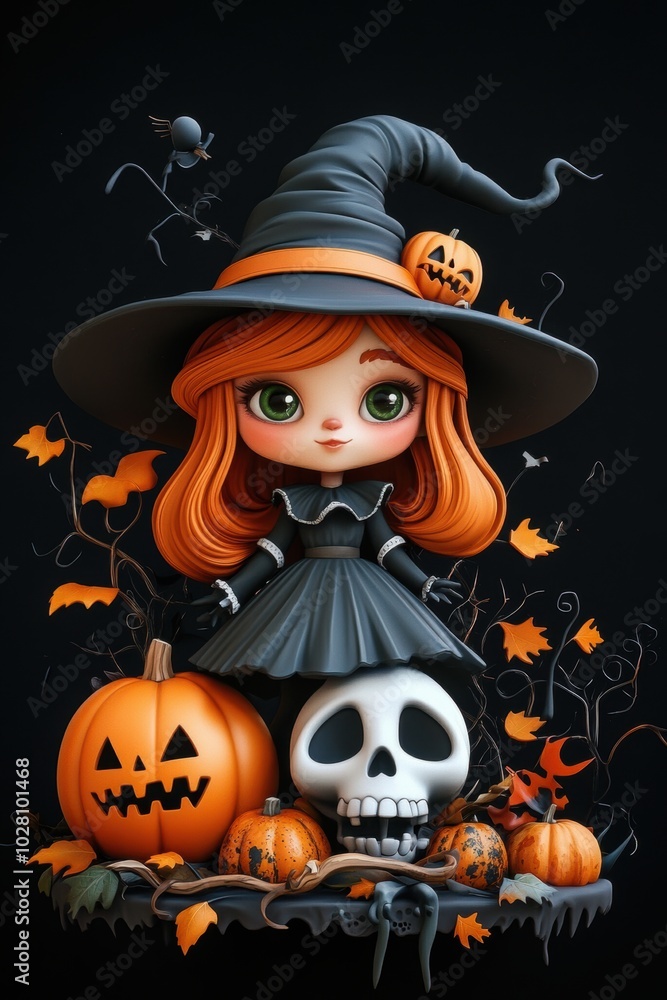 Cute cartoon character of witch and pumpkin. 3D. Halloween decoration elements. Cute cartoon character of witch and pumpkin. 3D. Halloween decoration elements.
