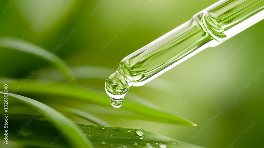 A droplet of liquid is falling from a green leaf A droplet of liquid is falling from a green leaf