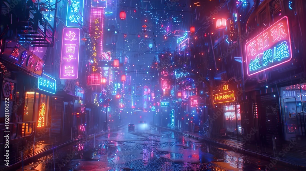 Cyberpunk Cityscape with Neon Lights and Rain Cyberpunk Cityscape with Neon Lights and Rain