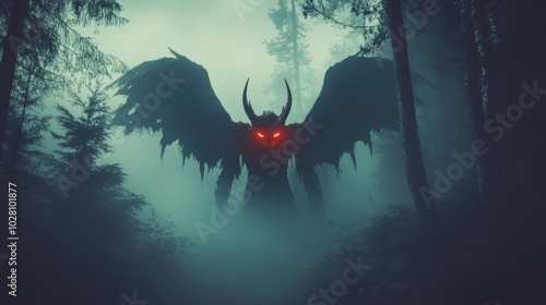 Monster beast in foggy dark forest. Halloween theme. photo