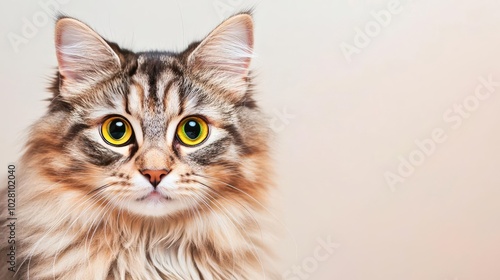 Fluffy cat with bright yellow eyes, white isolated background.