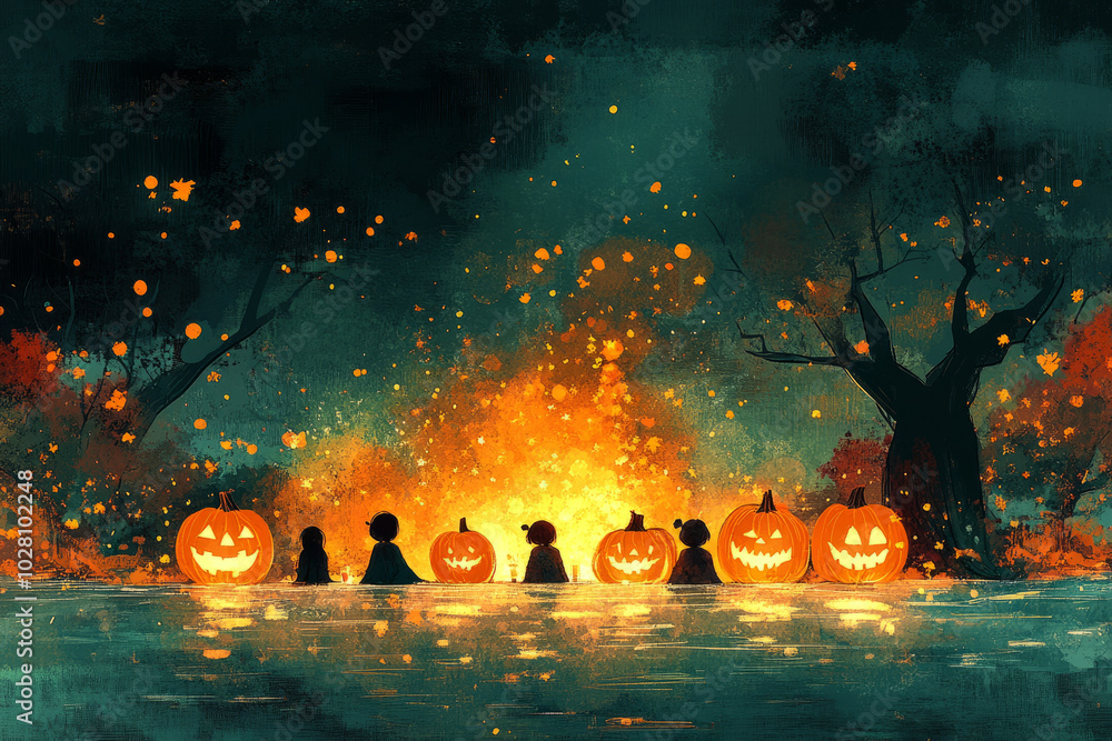 Φωτογραφία A group of children are sitting in a lake with pumpkins
