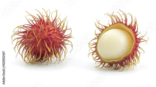 A rambutan with its distinctive hairy shell, both whole and partially opened to reveal the juicy white fruit inside. The vibrant, textured shell contrasts beautifully with the smooth,