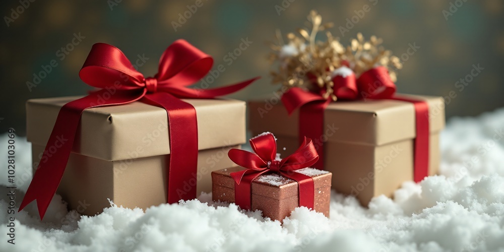 Obraz premium Christmas background with copy space, with gift boxes, red ribbons and snow on snowy bokeh background.