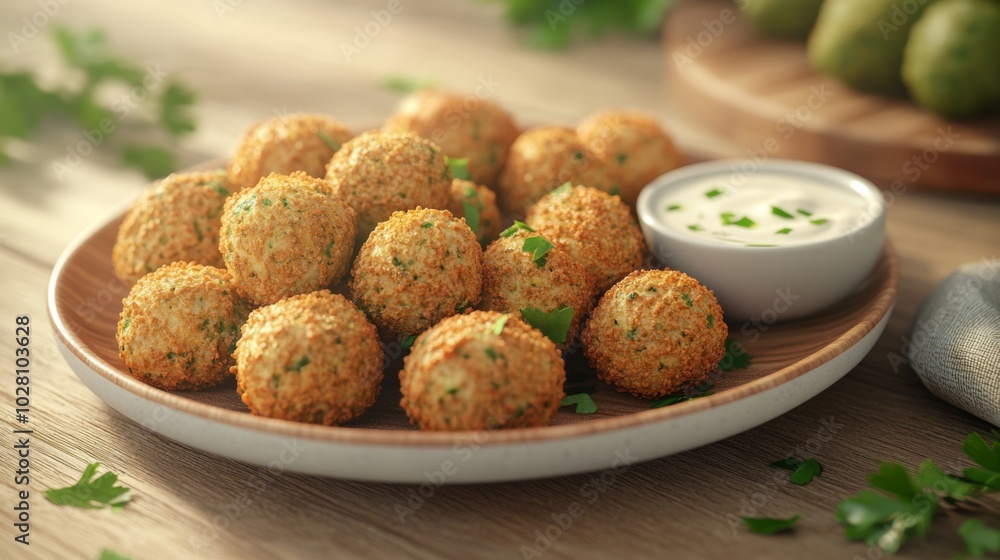 Falafel with Tahini Sauce in 3D Rendering Falafel with Tahini Sauce in 3D Rendering