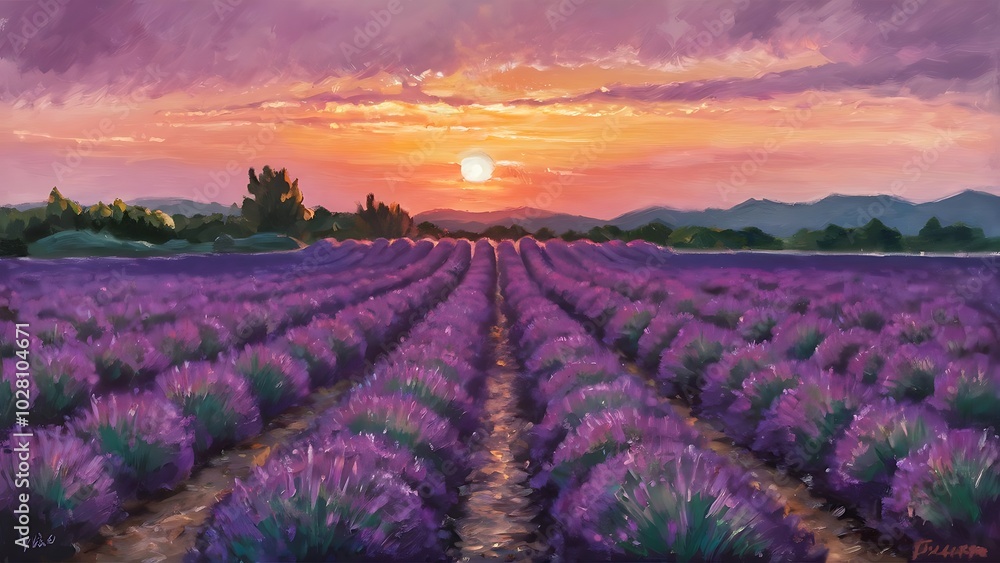 Original oil painting of lavender fields on canvas.Sunset landscape.Modern Impressionism Original oil painting of lavender fields on canvas.Sunset landscape.Modern Impressionism