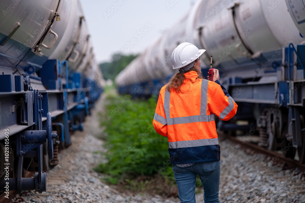 Engineer railway engaged in discussion or inspection maintenance work greenery and gas or oil power industrial or transportation setting in the rail train import export logistics industry concept. Engineer railway engaged in discussion or inspection maintenance work greenery and gas or oil power industrial or transportation setting in the rail train import export logistics industry concept.