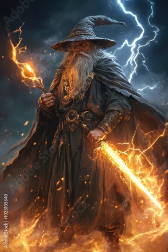 A witch is conducting magic with spell with lightning bolt in battle. Superhero. Halloween poster.