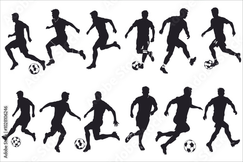 Set of young boy football player silhouettes vector. Male soccer player silhouettes vector. Black silhouettes of young male soccer player. Soccer football player silhouettes vector illustration